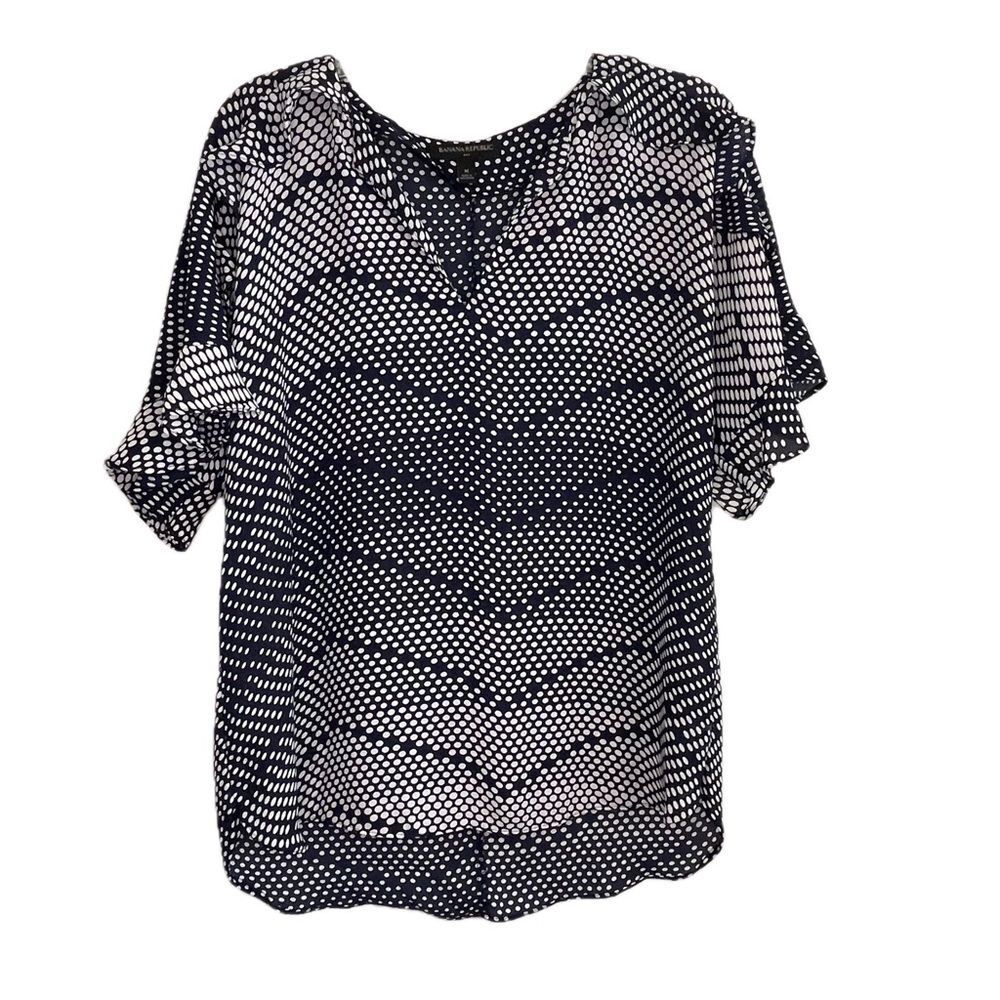 BANANA REPUBLIC V-Neck Women's Shirt Blouse Polka Dot Ruffle Blue White Medium